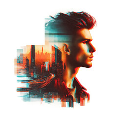 Double exposure Young sylish man urban landscape city buildings , movie poster style with halftone effect and film grain, sunset colors, isolated on white