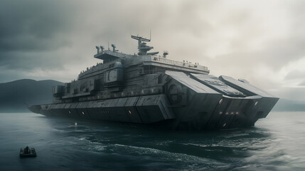 Futuristic stealth landing ship in the ocean: 22nd-century naval power and innovation - obrazy, fototapety, plakaty