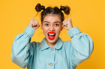 A woman in her thirties, wearing light blue and red lipstick is cheering with joy on a yellow background. She has brown hair styled into two buns