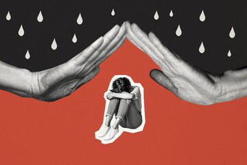 Composite photo collage of upset lonely girl hug knees depression hand support protect rain weather...