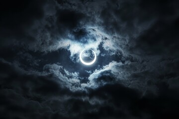 Cloud cover partially obscures a moonlit solar eclipse in the midnight sky
