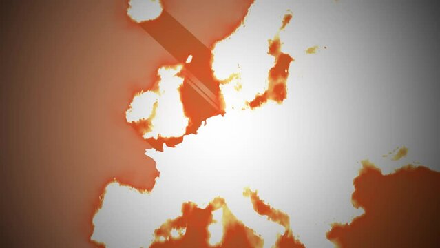 Abnormal heatwave with Europe. A map of European countries is on fire. Animation with camera rotation