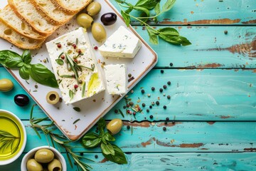 Feta cheese olives herbs and bread on white board with blue background