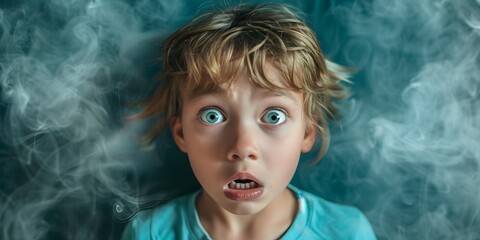 Fearful Child Character Quivering with Shiver of Anxiety and Apprehension Dramatic Moody Atmospheric Portrait with Blue Green Teal Tones and Copy