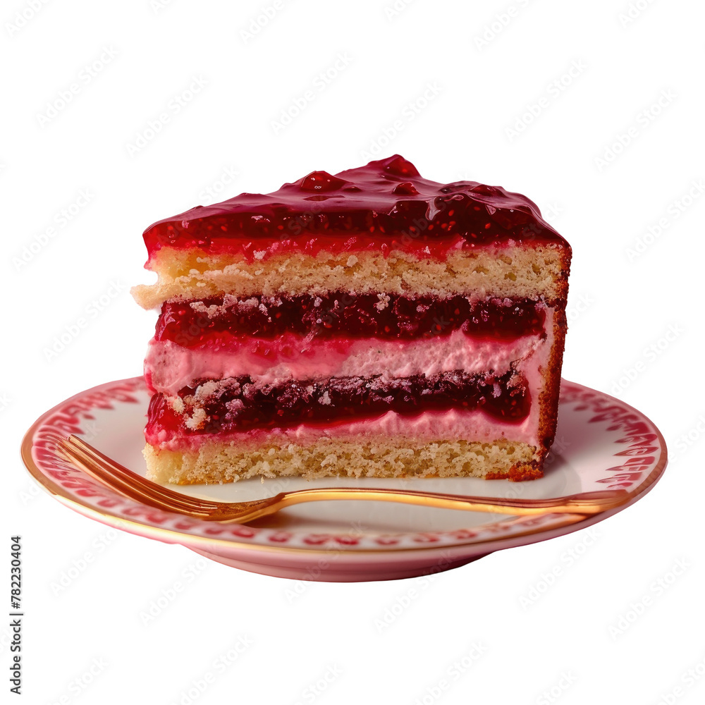 Poster a slice of cake on a plate with a fork