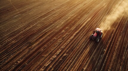 Tractor tilling soil at sunset on a large agricultural field