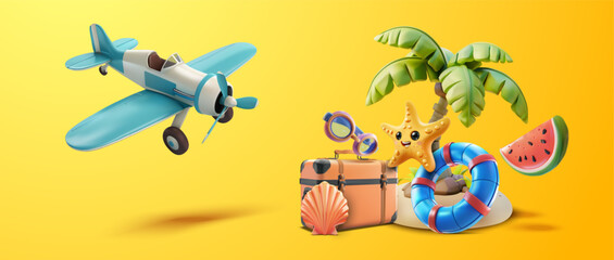 Tropical Vacation Set with Airplane and Beach Accessories. Colorful and cheerful 3D illustration featuring vacation essentials with a playful airplane, on a warm yellow backdrop. Travel summer season. - obrazy, fototapety, plakaty