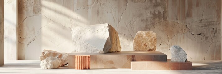 Elegant stones and textures on a podium - This visually appealing image showcases a collection of textured stones resting on podiums, complete with serene lighting