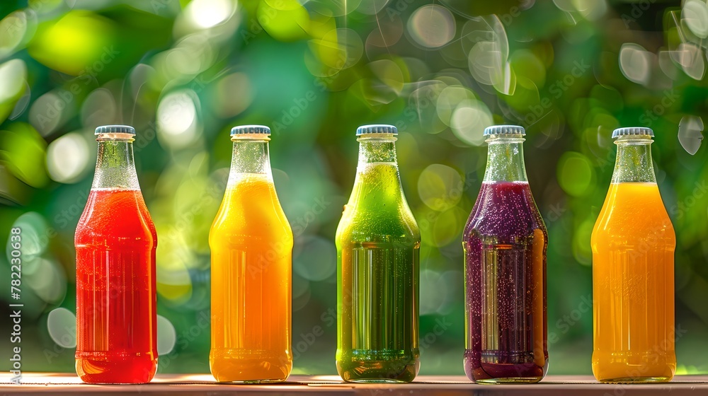 Poster Colorful line of assorted fruit juice bottles in sunlight. Vibrant beverage display in nature. Summer refreshments ready to serve. AI