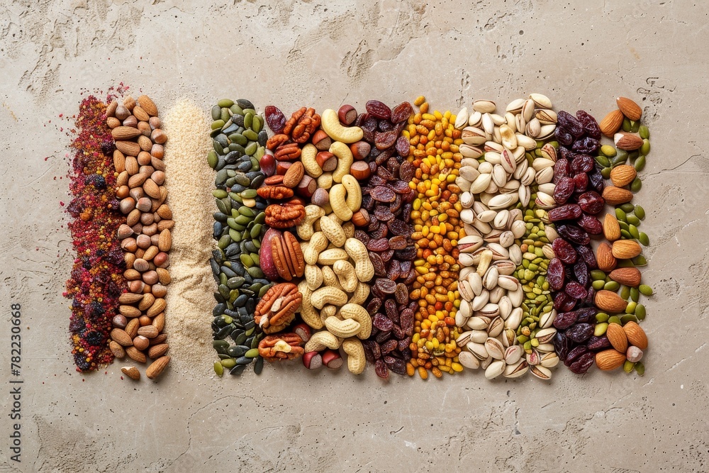 Wall mural Food concept Creative layout of various nuts seeds fruits and a beige background