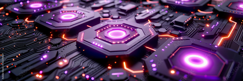 Poster electronic processor technology, digital circuit board in neon blue, high-tech computing background