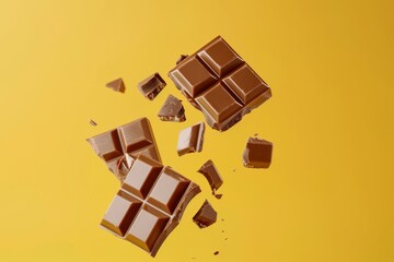 Floating cracked chocolate bar with milk filling isolated on yellow background representing minimal...