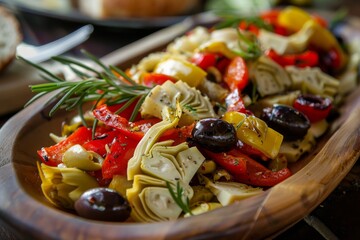 Focused on artichoke olive and roasted pepper antipasto