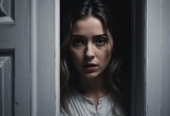 Scared woman looks through an open door