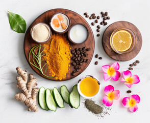 A top-down view of an exotic spa setting, featuring coconut water and turmeric as key ingredients...