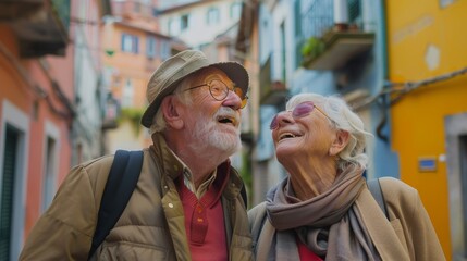 Joyful senior couple laughing and exploring narrow streets in a European city