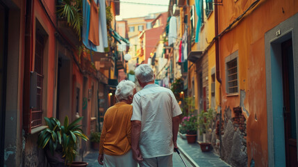 Elderly couple walking hand in hand through a colorful alley in an Italian town