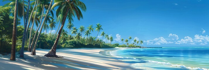 A serene tropical escape  Summer palm trees sway gently over a pristine beach under a clear blue sky, embodying the ultimate vacation vibe