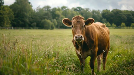 Panoramic view of a cow in green pastures, underlining the beauty and ethics of free-range farming
