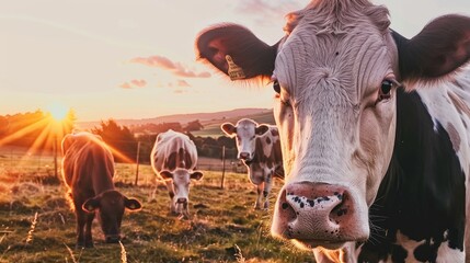 A close-up of peaceful cows in a field, highlighting the beauty of regenerative, free-range beef - obrazy, fototapety, plakaty