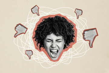 Composite photo collage of upset angry american girl scream hand show dislike gesture unpopular...