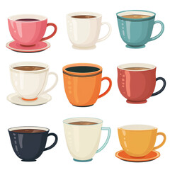 Group of Coffee Cups Arranged Neatly isolated on a transparent background, clipart, graphic resource