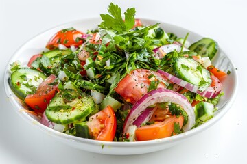 Low view of Arabic Lebanese Fattoush Salad cold appetizers on white background