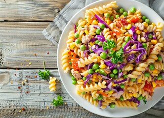 Macaroni salad with tuna veggies mayonnaise in white plate on table