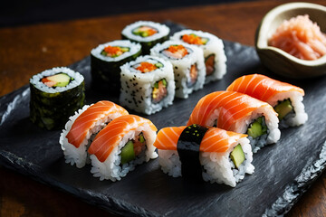 A spread of sushi and sashimi artfully presented on a slate with natural elements and garnishes, generated by Ai.
