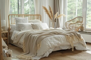 Messy Scandinavian bedroom in natural tones