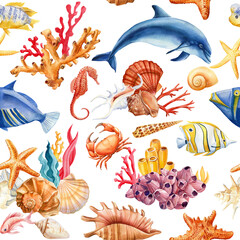Trendy Hand drawn seashell, dolphin, fish. Marine illustration Seamless Pattern watercolor Design for wallpaper, cover - 782232484