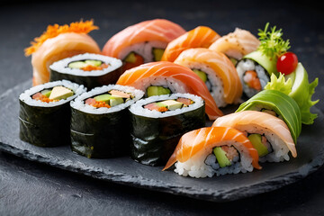 A spread of sushi and sashimi artfully presented on a slate with natural elements and garnishes, generated by Ai.