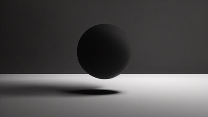 Minimalist floating 3D black sphere, black and white background and light and shadow.