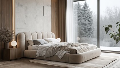 Minimal style with conveniently placed furniture and a cozy view bedroom with beige tones a large bed and ample natural light from a large window