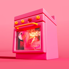 Pink flamingo inflatable belt is getting baked in the oven. Summer heat concept on pink background. 3D Rendering, 3D Illustration
- 782233416