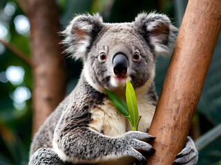 A koala bear perched on a tree branch, holding a eucalyptus leaf