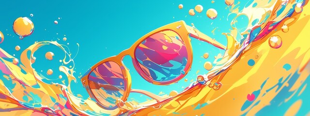 A vibrant and colorful banner featuring red sunglasses with abstract shapes of paint splashes in the background, conveying an energetic summer vibe
