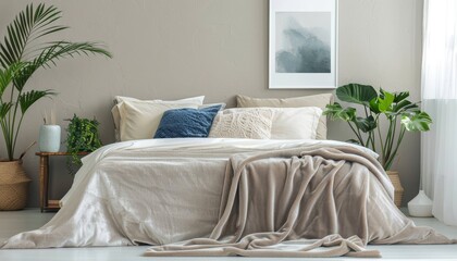 Neutral colored blanket on large bed near wall with minimalist artwork in spacious well lit room with greenery