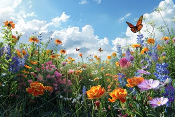 Obraz premium A butterfly is flying in a field of flowers