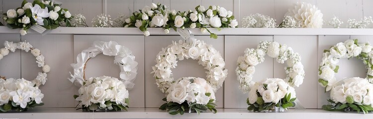 decoration for weddings or first communion of white flowers wreaths and flower arrangements - obrazy, fototapety, plakaty