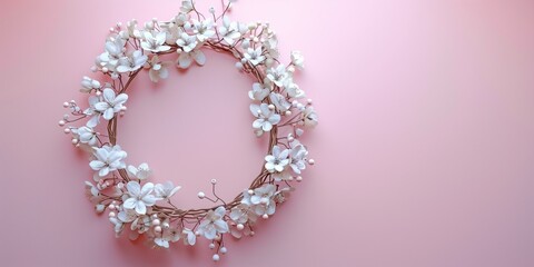 Obraz premium beautiful white wreath made of small flowers on a pink background