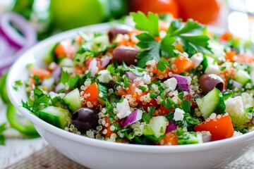 Nutritious vegetarian salad with tabbouleh Greek salads fresh parsley olives onions feta and quinoa