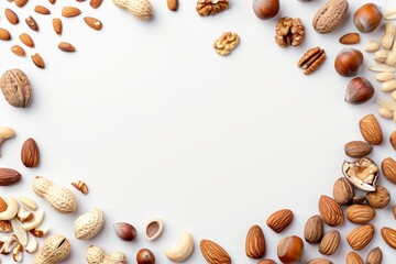 Fototapeta premium Nutty layout with various nuts seeds isolated on white Fresh food idea