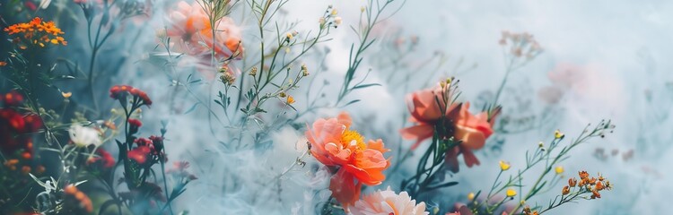 bouquet of flowers in the cloud of smoke for background 