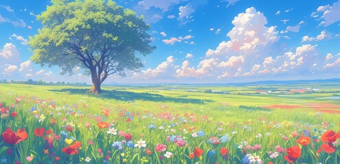 A vibrant meadow filled with colorful wildflowers, including red poppies and white daisies under the clear blue sky.