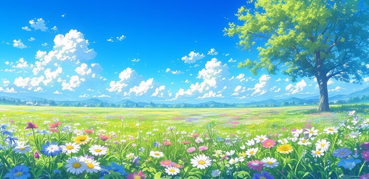 A vibrant meadow filled with colorful wildflowers, including daisies and poppies under the clear blue sky. The grass is lush green in color, creating an idyllic scene of nature's beauty. 