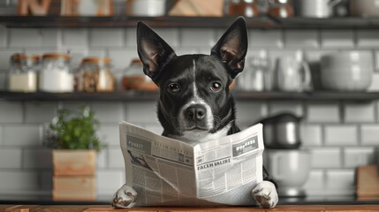 Dog with newspaper is having dinner at home