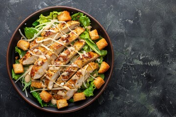 Overhead view of homemade Chicken Caesar Salad with cheese and croutons