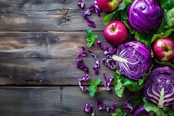 Obraz na płótnie Canvas Overhead view of purple cabbage and apple salad on wood table with space for text