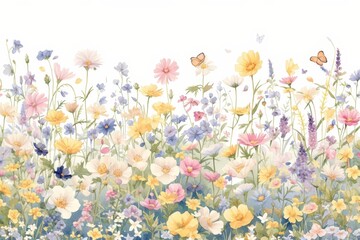 A whimsical watercolor illustration of colorful flowers and butterflies, set against a white background with space for text or design elements. 